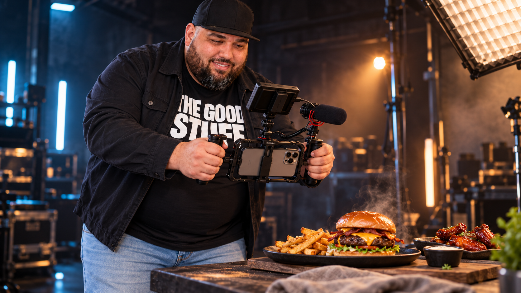 Doug filming a burger in a food photography studio